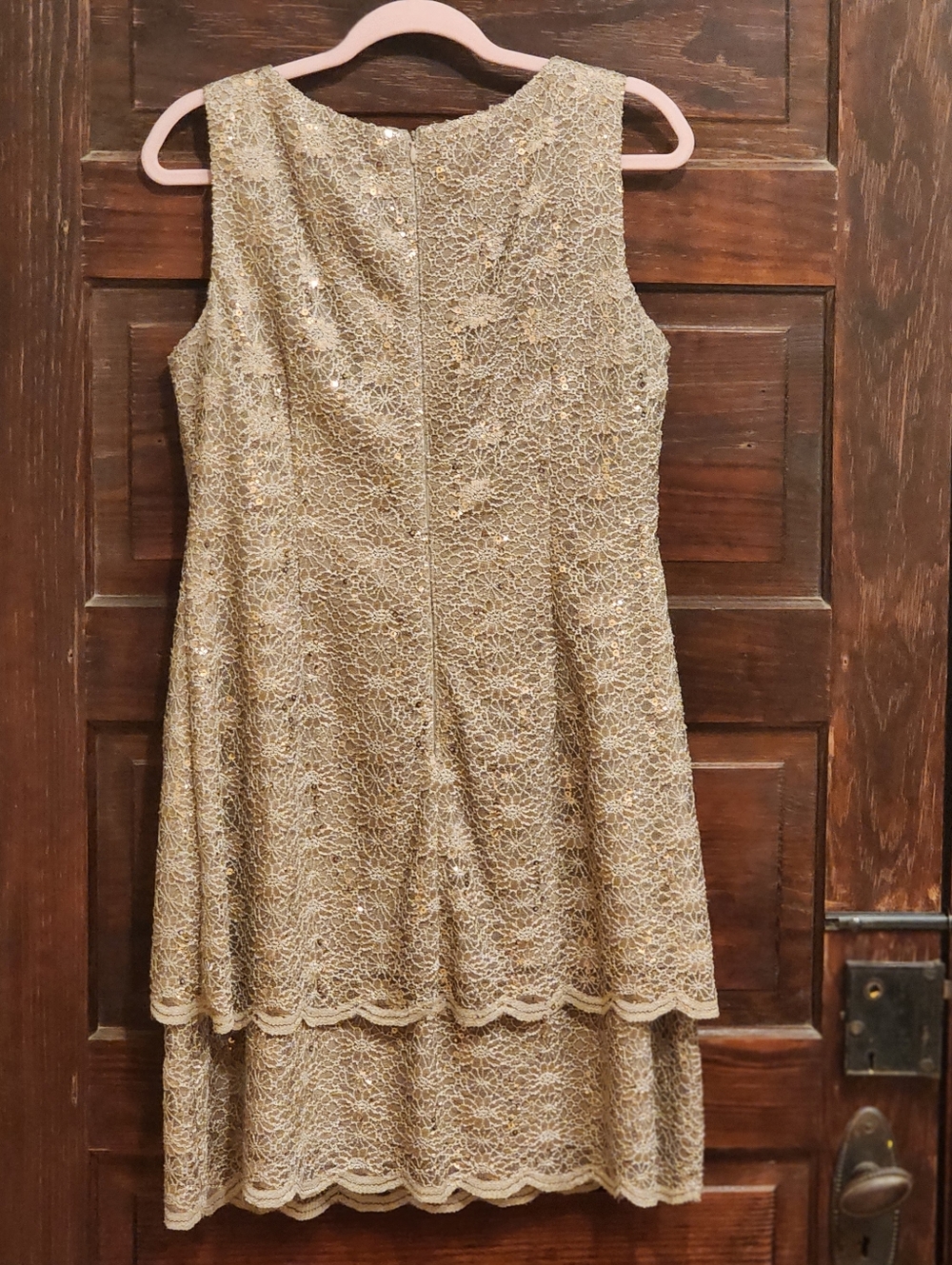ALEX EVENINGS Nude Gold Lace Mini Dress Sparkle 12 Petite Party Dress Wedding - Picture 13 of 14